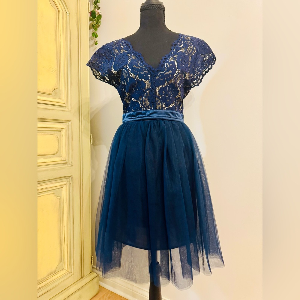 Navy Lace & Tulle Cocktail Dress